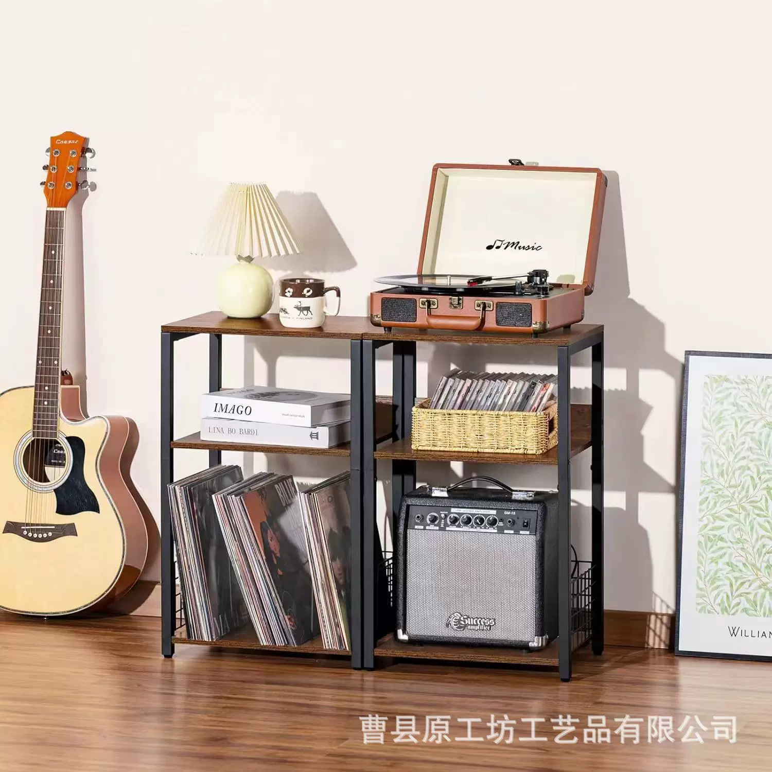 家用落地铁艺唱片架大容量角落书架床边角几木制两层黑胶唱片架