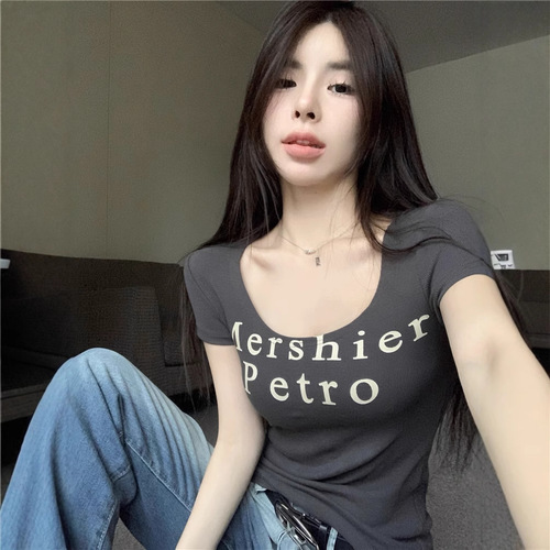 American Retro Hot Girl Letter Print U-Neck Short-Sleeve T-Shirt for Women 2025 Summer New Design Pure Desire Style Top