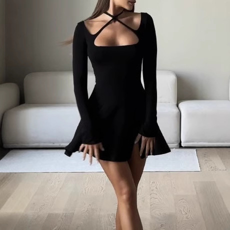 Amazon 2025 European and American Women's Women's Square Collar Corset Long Sleeve Vented Trumpet Mini dress