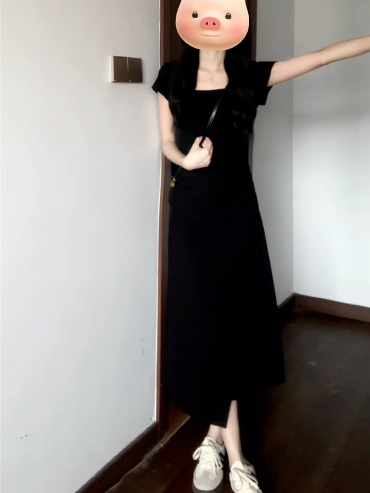 Đầm suông nữ midi màu xám trơn phong cách Pháp — đen
