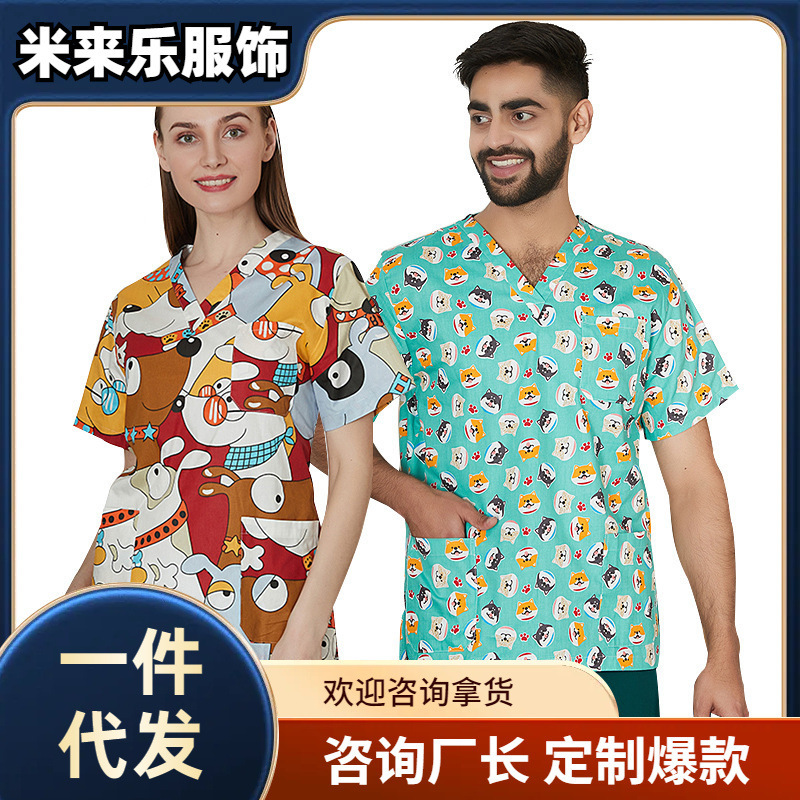 国境を越えたアマゾンの爆発的なアニメプリント看護師服女性vネック半袖tシャツ上着手術服作業服男性|undefined