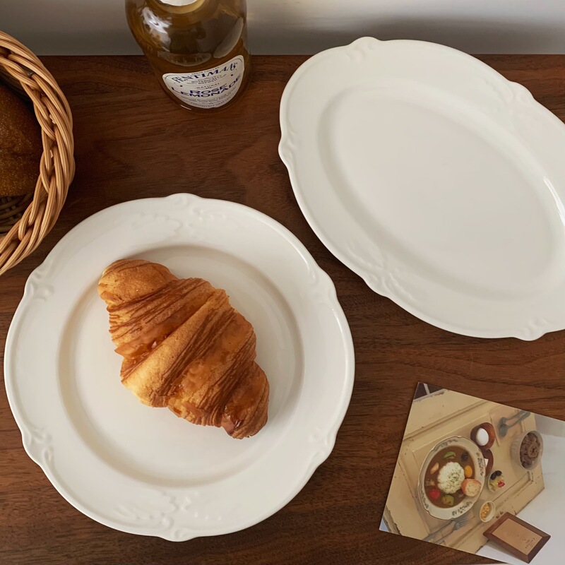 Ins Rococo Tableware White Embossed Ceramic Plate Western Food Coffee Steak Plate High-End Cake Dessert Salad Ins Rococo Tableware White Embossed Ceramic Plate Western Food Coffee Steak Plate High-End Cake Dessert Salad