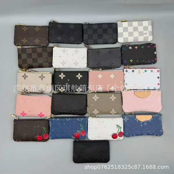 Lujia vintage genuine leather coin purse, denim cherry wallet, card holder, zipper pendant, key bag, mini storage bag for women