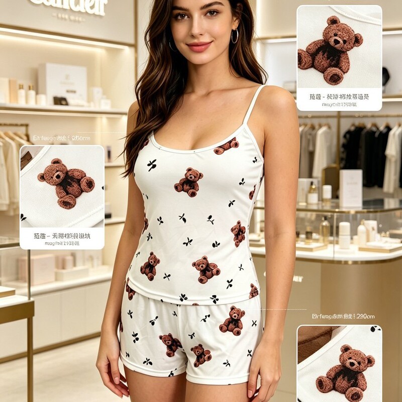 2026 Spring/Summer Women's Cute Pajama Set Sleepwear Women's Clothing 2-Piece Set with Cartoon Bear Pattern 2026 Spring/Summer Women's Cute Pajama Set Sleepwear Women's Clothing 2-Piece Set with Cartoon Bear Pattern