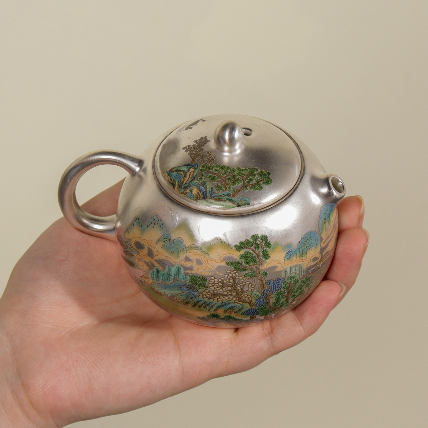 999纯银粉陶瓷鎏银手绘锦绣山河西施壶银壶送长辈领导生节日礼品