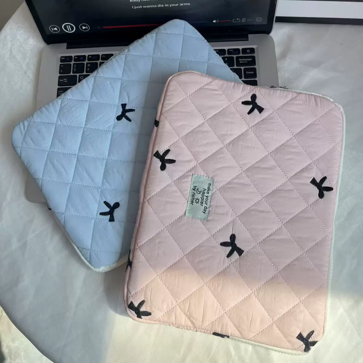 厂家直销韩国ins可爱刺绣蝴蝶结少女心笔记本手提电脑平板内胆包