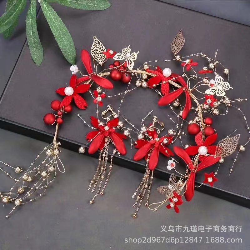 工厂批发秀禾服头饰新娘古装步摇红色礼服秀禾发饰中式龙凤褂套装