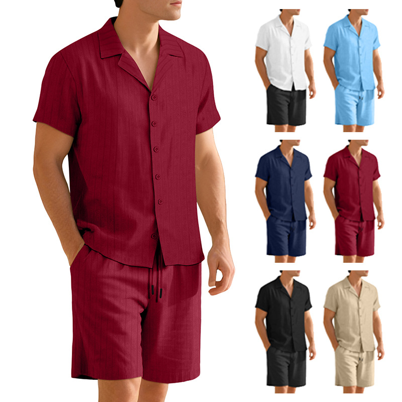Freizeit-Hemd mit Knopfleiste, Herren-Strandjacke, Kurzarm-Shorts-Set für Sommerurlaub und Strand_voghion.com