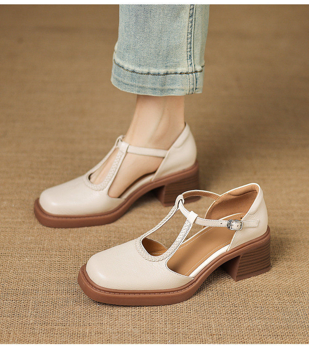 Sandal cao gót nữ mũi vuông quai chữ T đế dày — màu trắng ngà chi tiết 5