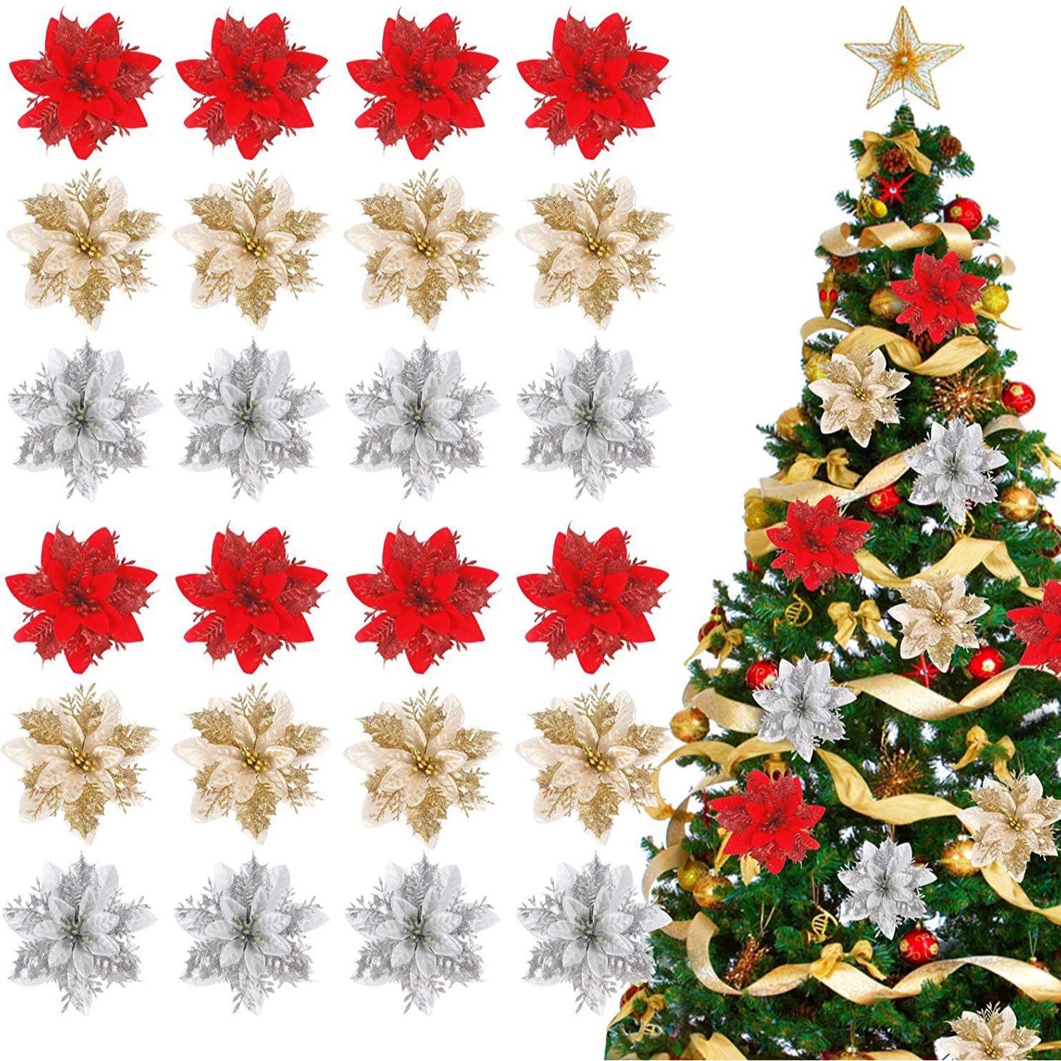 Flores de Navidad transfronterizas, árbol de Navidad, decoración, accesorios, ramo, productos acabados, flores de Navidad, flores de simulación de Navidad.