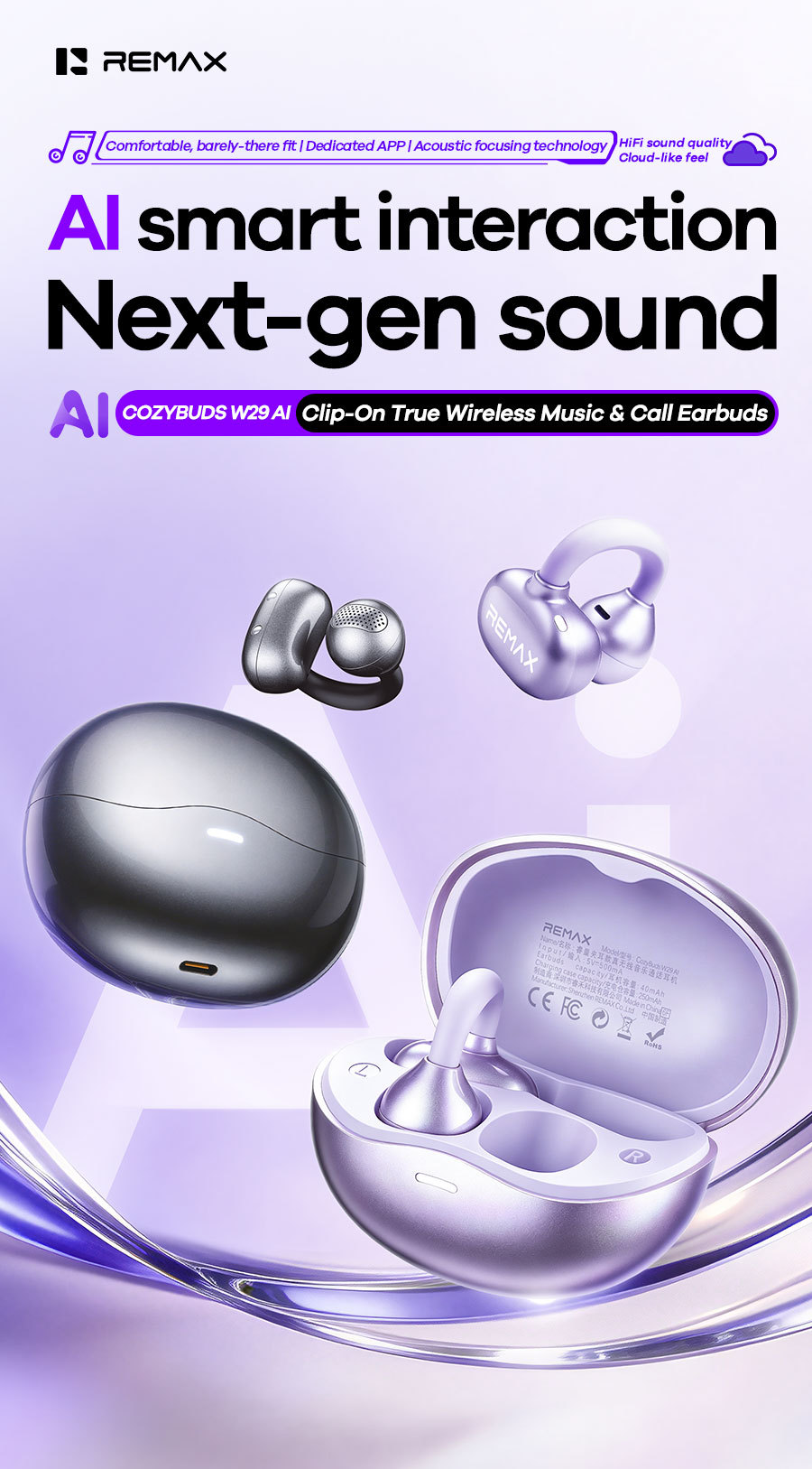 REMAX Open-Ear Clip Bluetooth Earphone AI Smart Translation OWS Non-In-Ear True Wireless Earphone W29AI