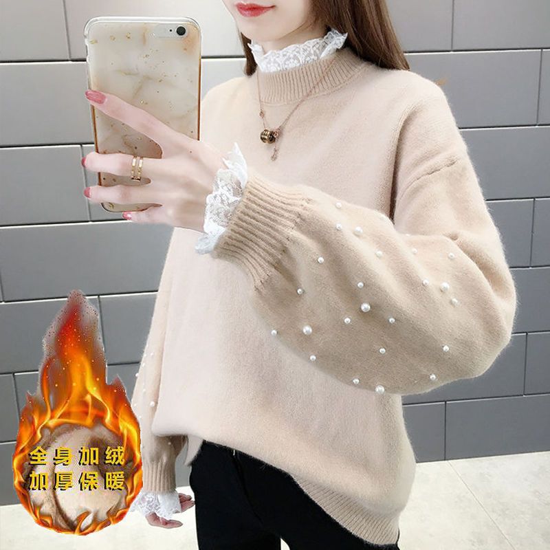 Half Turtleneck Bottoming Knitwear Autumn and Winter Velvet Thickeneded New Knitwear Women's Pullover Loose Outer Wear Lazy Style Top