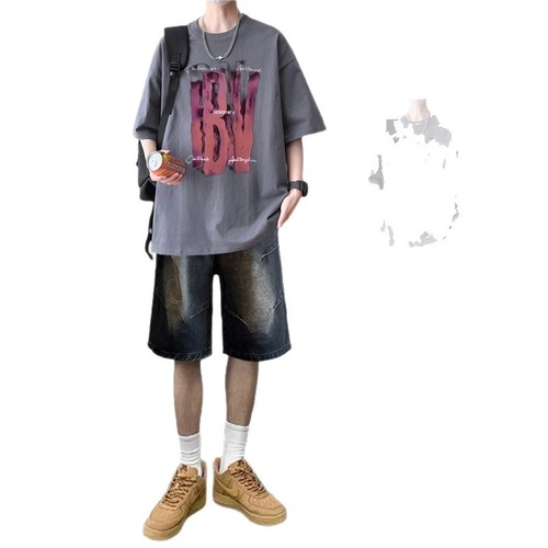 American streetwear T-shirt men's summer set for teenagers, cool and fashionable short-sleeved shorts summer complete set of clothes