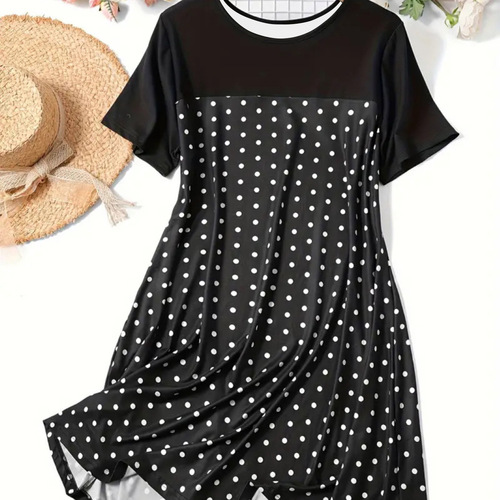 Summer Dress for Women - Simple Commute Polka Dot Crew Neck Short Sleeve Pajama Dress - Hot Selling Cross-Border Item from Europe and America