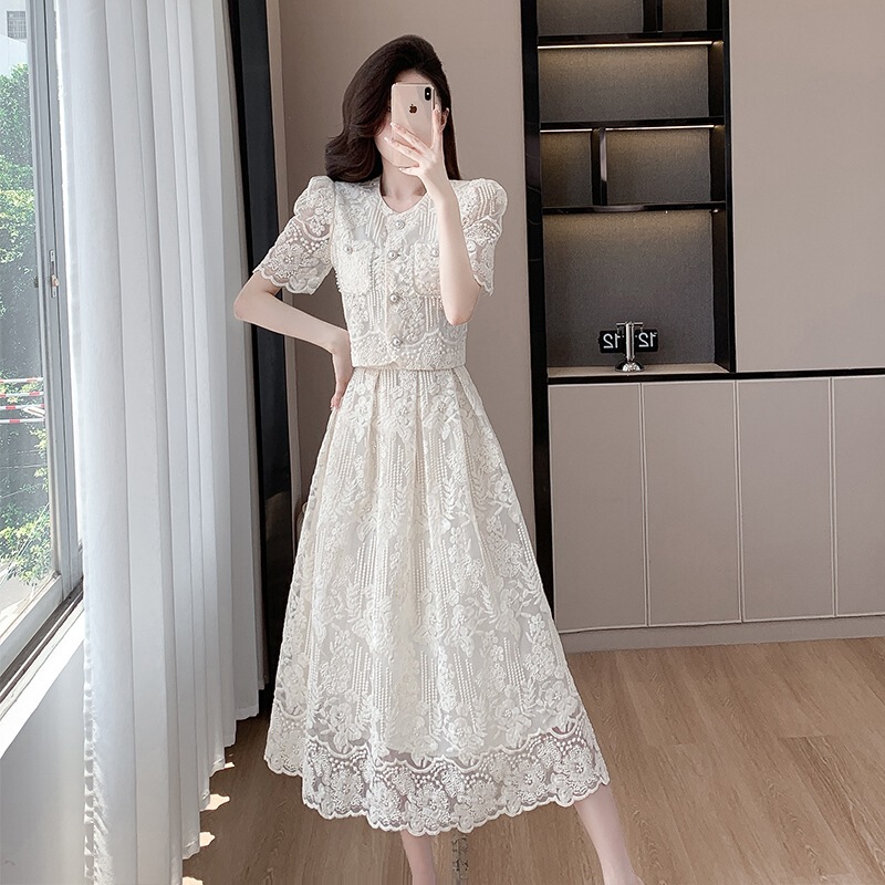 Elegant French-Style Fashion Dress for Young Girls, Featuring Beaded Embroidery and Lace, Two-Piece Set