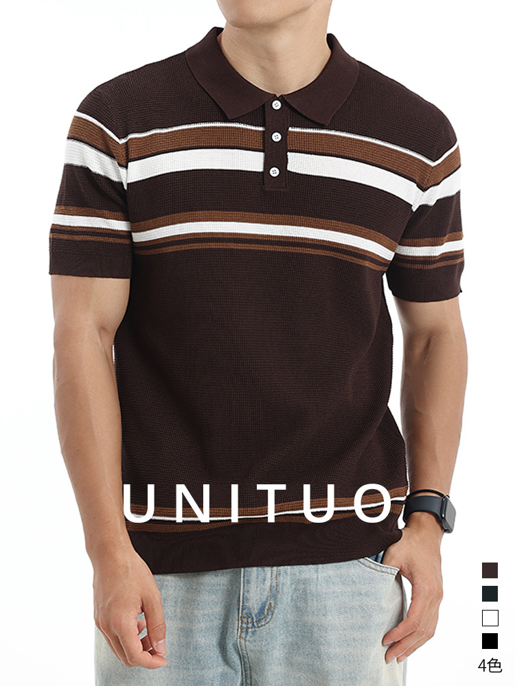 Hombres Waffle Stripe Polo Casual de negocios de alto nivel con collar de manga corta camisa de punto Paul