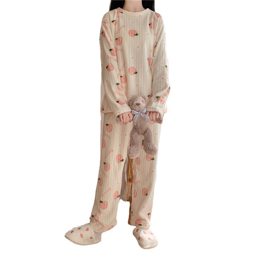 Oso melocotón bowknot impreso coral polar media luna caliente traje de invierno cómodo cálido pijamas desgaste del hogar para las mujeres