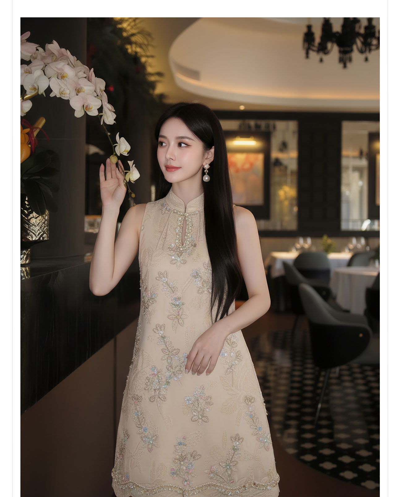 Đầm suông midi tay không họa tiết hoa nhí phong cách Tân Trung Hoa thêu hạt cườm — màu mơ chi tiết 9