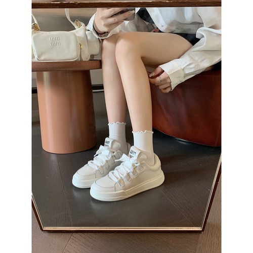 Amiu genuine leather white shoes  autumn new versatile round toe lace-up thick-soled height-increasing sneakers for women's sports and leisure