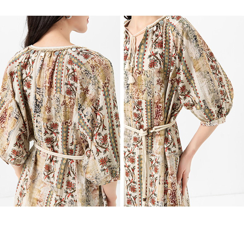Đầm maxi nữ thắt eo bohemian in hoa kỳ lạ tay ngắn rộng che thịt — Màu cà phê chi tiết 14