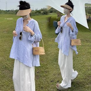 in stock Pregnant Women's Blue V-neck Shirt Women's Loose Lazy Wind Long Top + Korean Wide Leg Pants suit