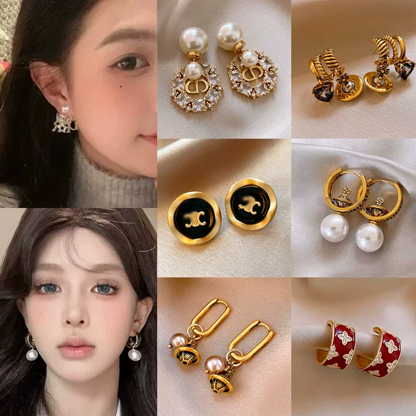 Silver Needle Zircon Pearl Letter Earrings, Elegant and Versatile, Chanel-Style Earrings, Fashionable Light Luxury High-End Earrings Wholesale