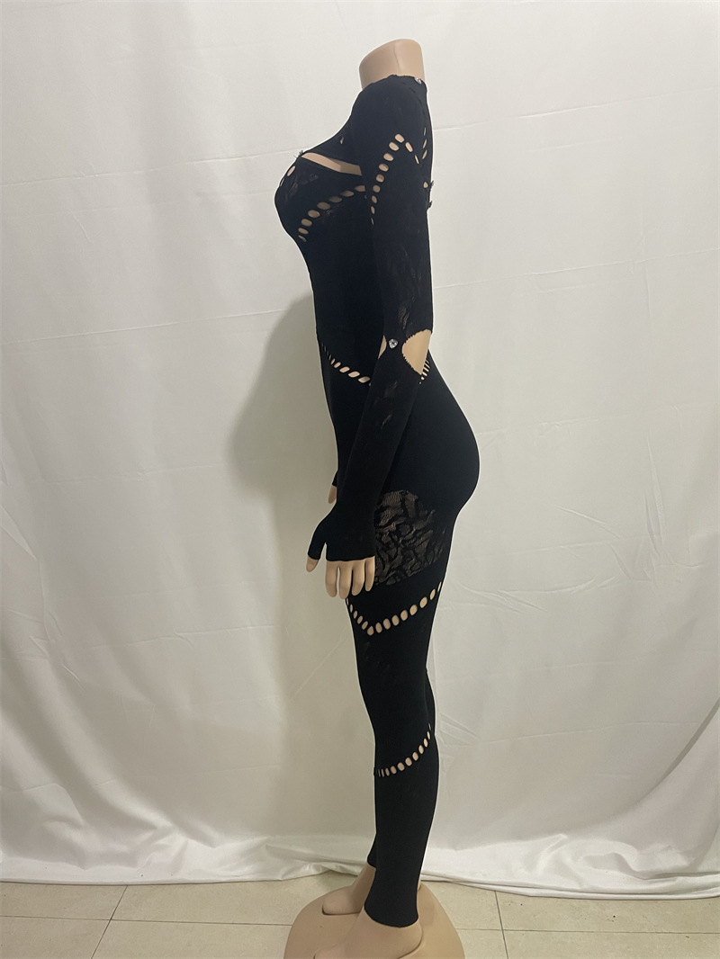 Women Autumn Solid Color round Neck Long Sleeve Hollow Out Cutout Jeweled Slim Fit Patchwork Sexy High Waist Jumpsuit