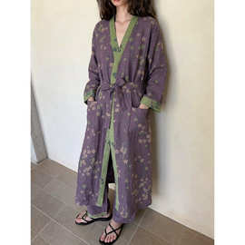 新中式碎花紫色睡袍女款秋季长袖系带中长款家居服浴袍可外穿晨袍
