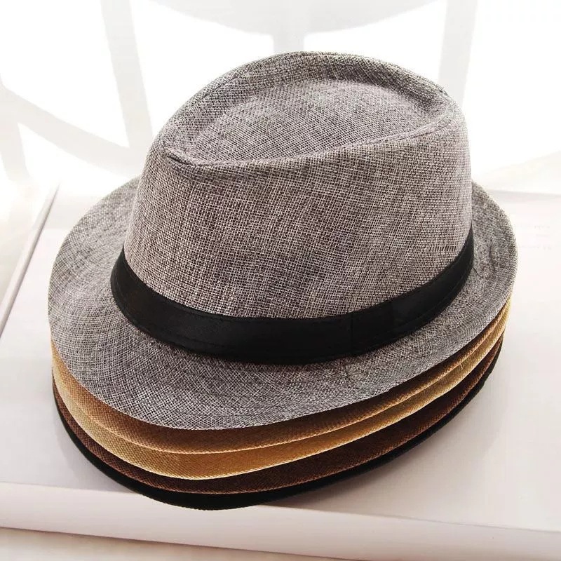 Unisex-Sommer-Fedora, Sonnenschutz, atmungsaktiver Strohhut, Strandhut aus Leinenimitat, Fedora im britischen Retro-Stil._voghion.com