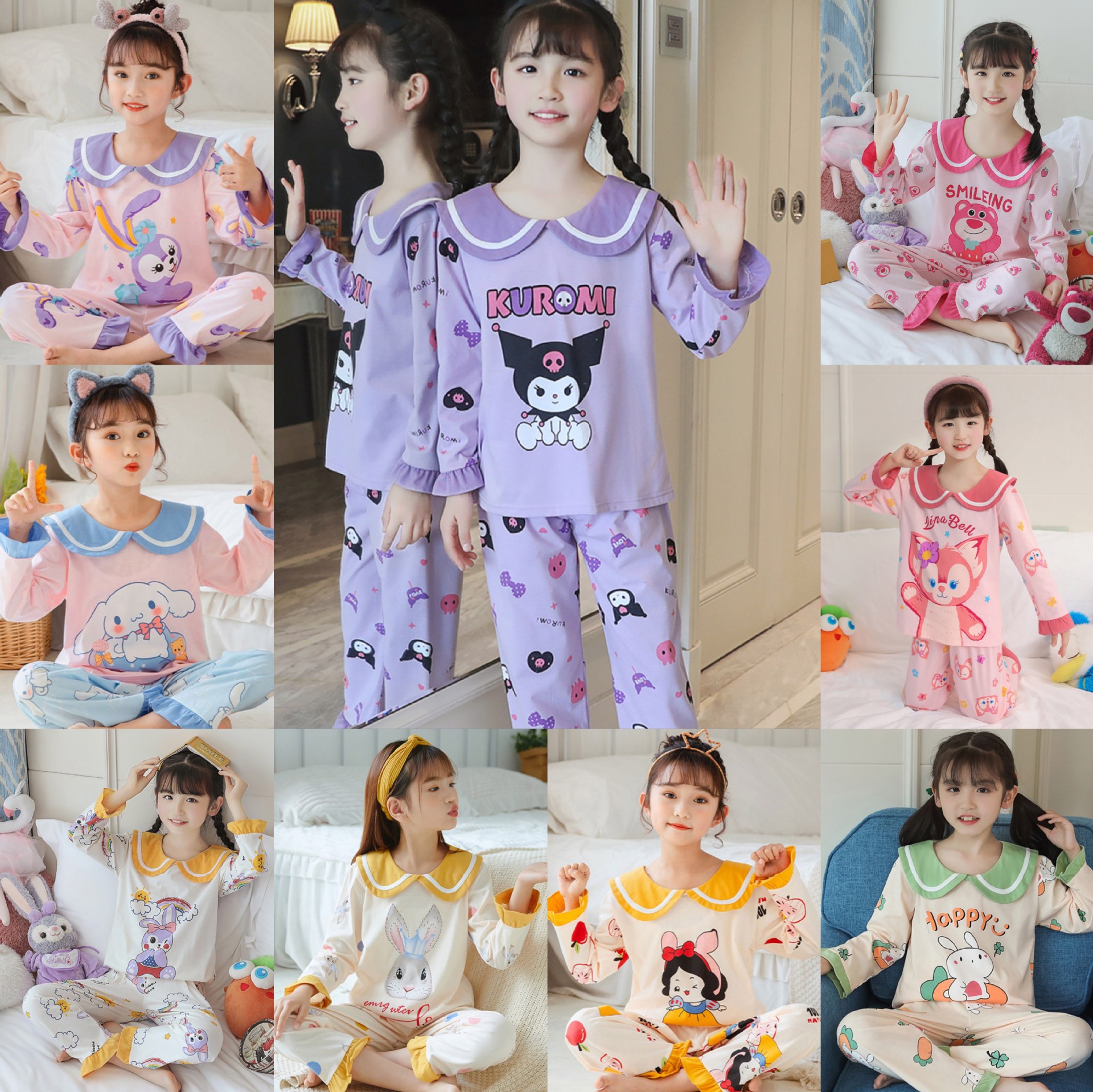 15 años de edad nueva primavera y otoño de los niños pijamas de manga larga de las mujeres lindo princesa muñeca collar de las mujeres mayores de algodón peinado desgaste del hogar de los niños