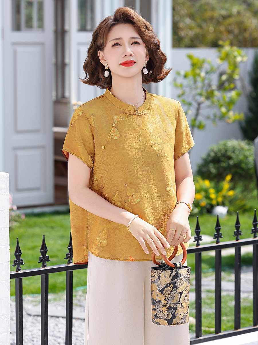 New Chinese Style National Style Mom's Summer Fashion Casual Suit for Middle-Aged and Elderly Women, Large Size Women's Clothing, Cheongsam Collar Short-Sleeved Two-Piece Set