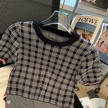 实拍伦敦商学院贵族富家女学院感藏青色格子针织短袖上衣