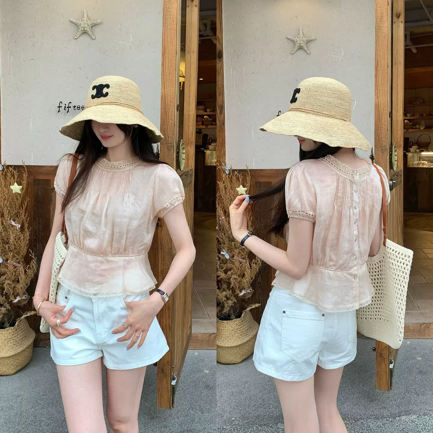 实拍 法式蕾丝拼接泡泡袖雪纺衫女夏季新款莱赛尔天丝苎麻短上衣