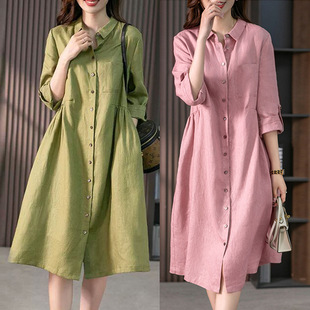 2024 Summer New Korean Style Loose Solid Color Cotton and Linen Seven-Sleeve dress Women's Mid-Length Shirt Dress
