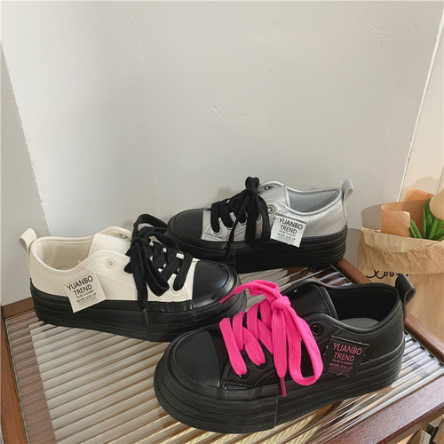  Autumn Korean Style Versatile Fashion PU Leather Canvas Flat Shoes for Women, Harajuku Hong Kong Style Casual Women's Shoes for Dropshipping