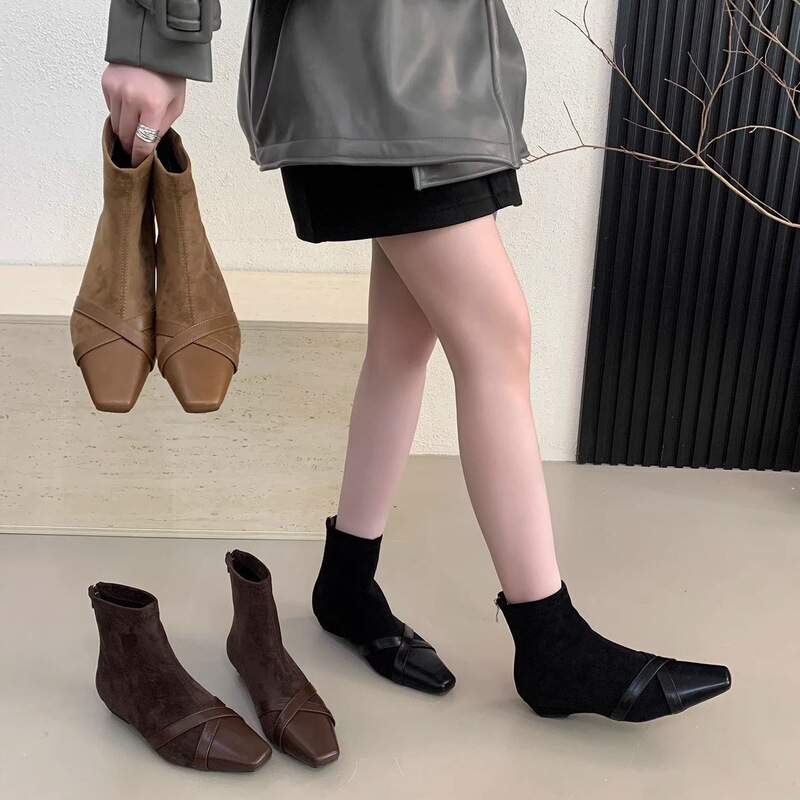 French Style Short Boots, Fashion Boots, 2026 Autumn and Winter New Style, Slim Boots, Low Heel Suede Short Boots for Women