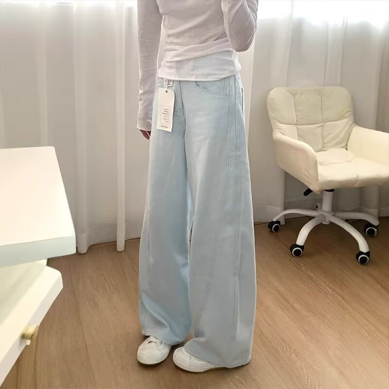 Light Color Jeans Women's Spring and Summer New American Style Loose Dipped chubby girl Slimming All-match Wide Leg Trousers for Women