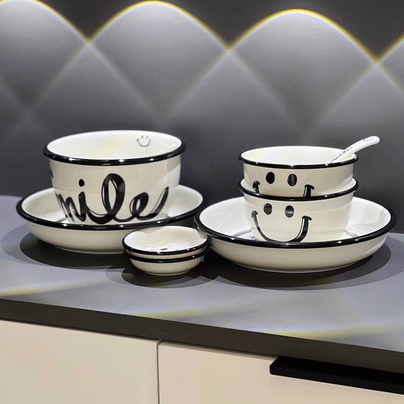 ins笑臉碗盤套裝家用陶瓷米飯碗碟餐具一人食吃飯碗盤子麵湯碗筷