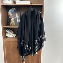 复古风机织绣花桑蚕丝羊绒混纺流苏毛边围巾