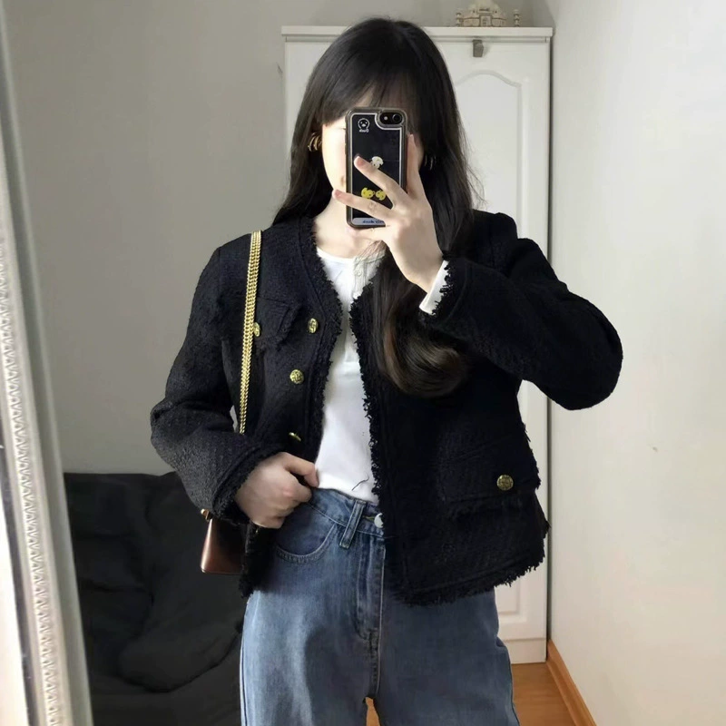 Демисезонная черная осенняя короткая куртка, стиль Chanel, французский стиль, для подростков