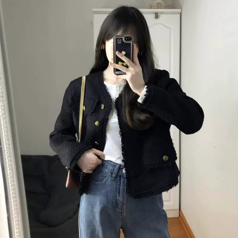 Демисезонная черная осенняя короткая куртка, стиль Chanel, французский стиль, для подростков