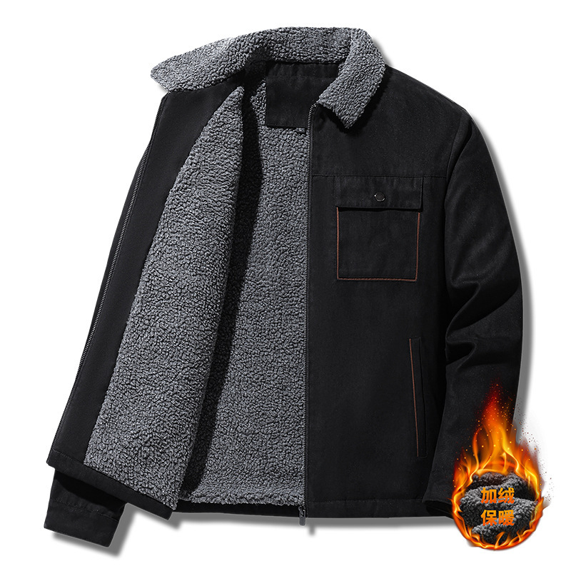 Men's Suede Jacket for Autumn and Winter, Fleece-Lined and Thickened Cotton Coat, Cross-Border Lamb Wool Cotton Jacket with a Turn-Down Collar, Trendy