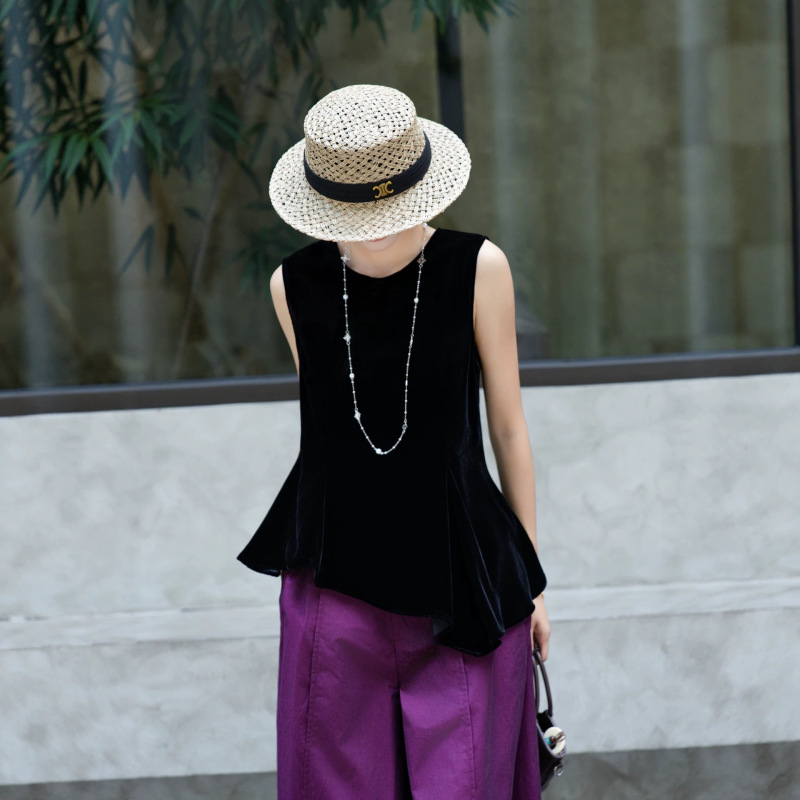 2026 Summer New Style High-End Silk Velvet Three-Dimensional Cut Waist-Slimming Irregular Hem Top for Women