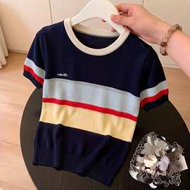 夏季新款条纹圆领针织上衣女短袖简约休闲显瘦通勤减龄百搭女装