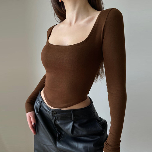 Knitted square collar, long-sleeved, t-shirt, European and American women's clothing, summer sexy navel figure-fitting short top