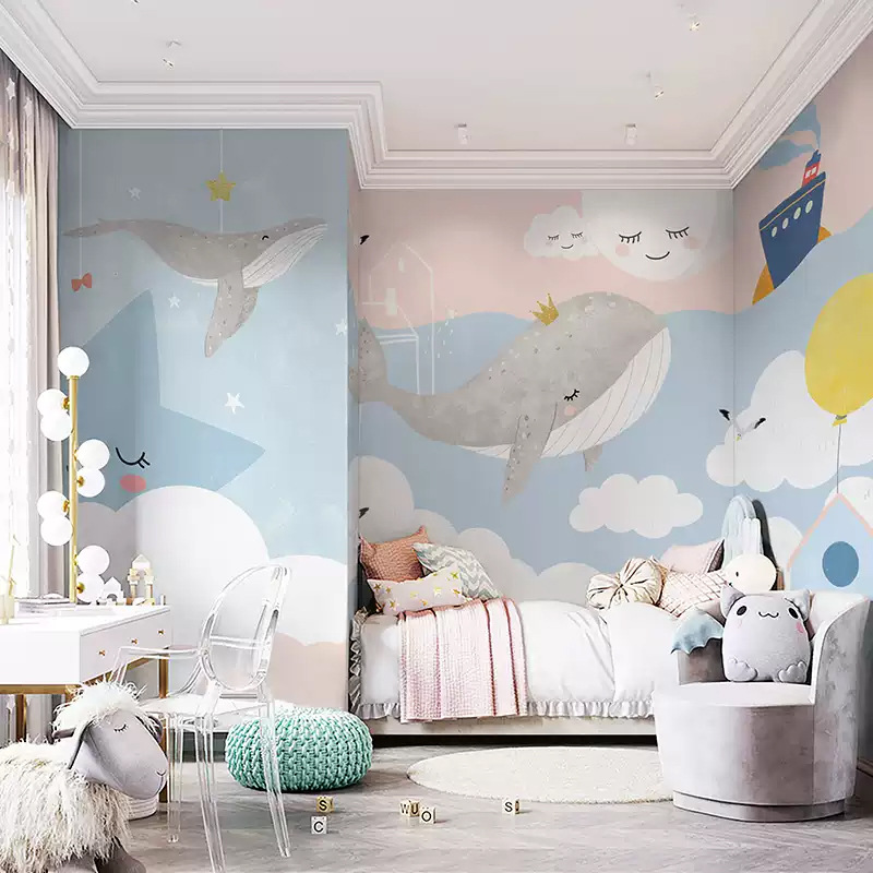 Children's Room Wall Covering Wall Covering Boy Girl Room Bedroom Background Wall Wallpaper Marine Animal Whale Cartoon Wallpaper