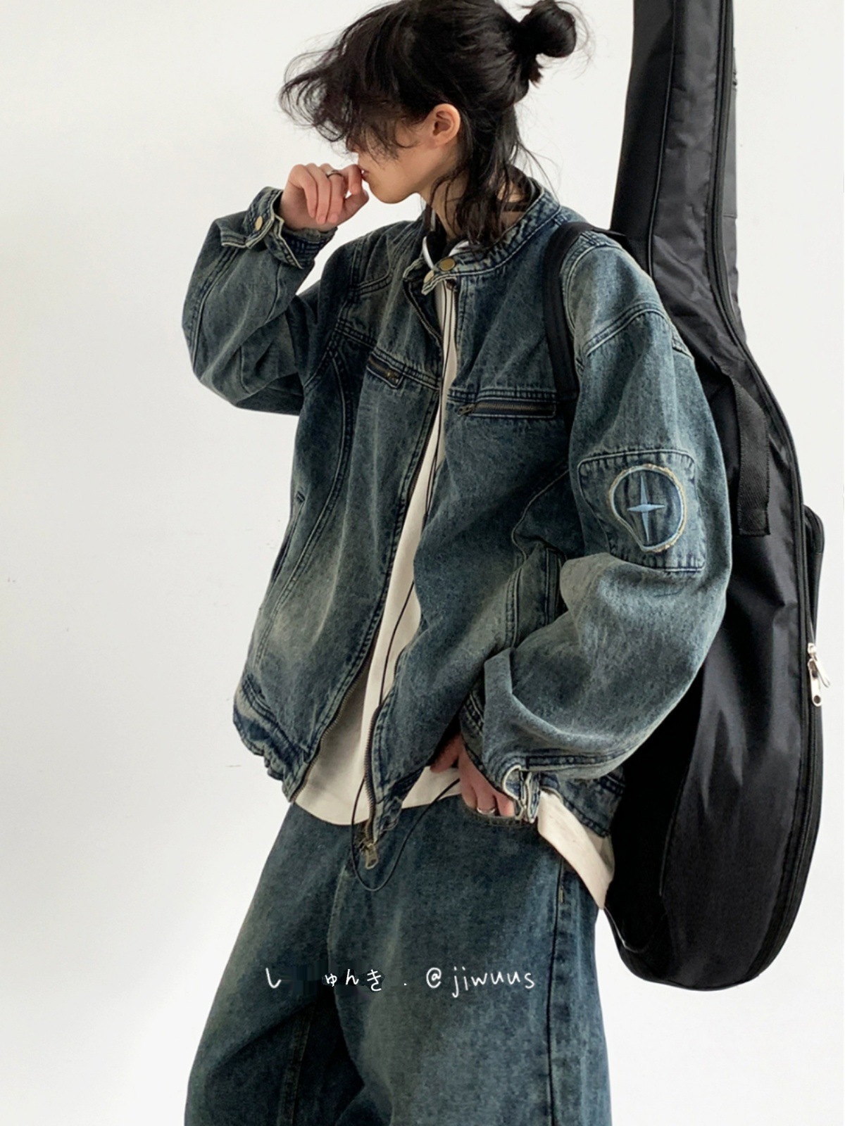 Uşaq üçün yuyulmuş denim pencək, vintage tikməli, mavi