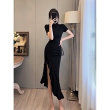 新中式夏季新款气质名媛黑色不规则鱼尾旗袍连衣裙收腰显瘦小黑裙
