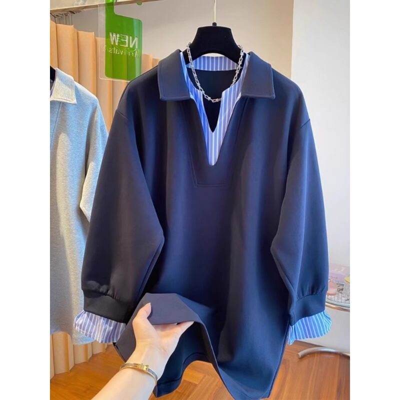Casual New Style Plus-Size Loose Fashion Slimming Top with Color-Block Collar Long-Sleeve Sweatshirt in Gray and Navy Blue Casual New Style Plus-Size Loose Fashion Slimming Top with Color-Block Collar Long-Sleeve Sweatshirt in Gray and Navy Blue