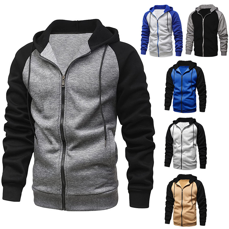Foreign trade autumn and winter new coat color matching zipper shirt fleece-lined men's hoodie sweater plus size casual top men's clothing
